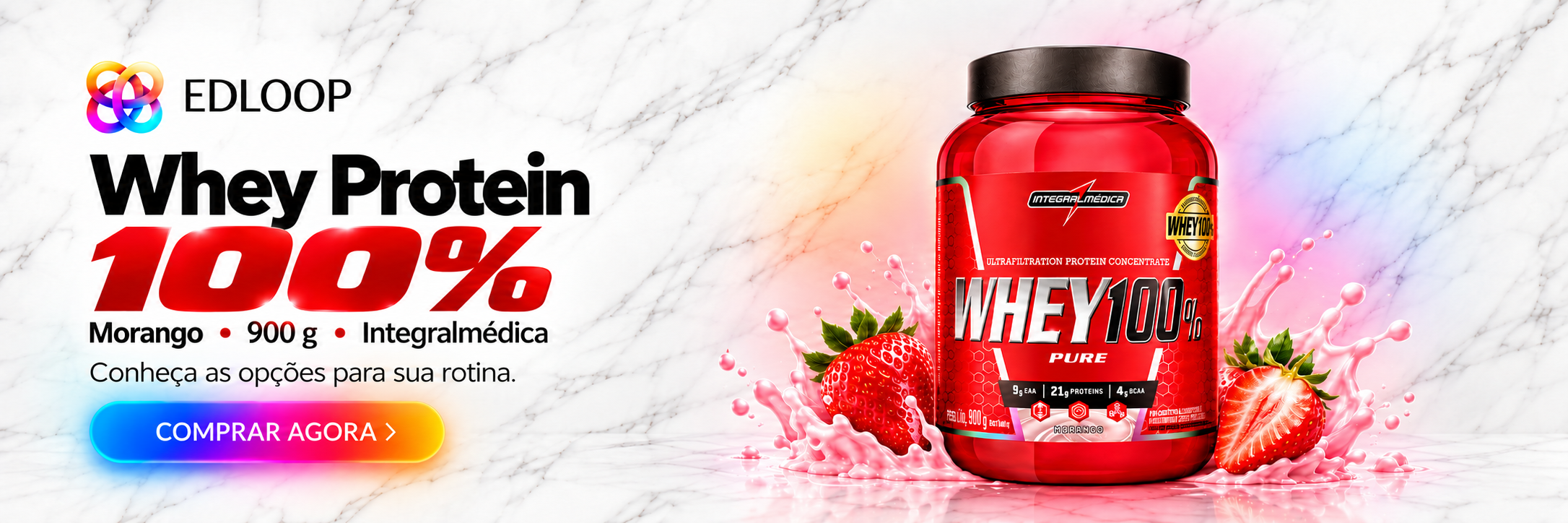 Whey Protein morango 900 g com logo completa EDLOOP